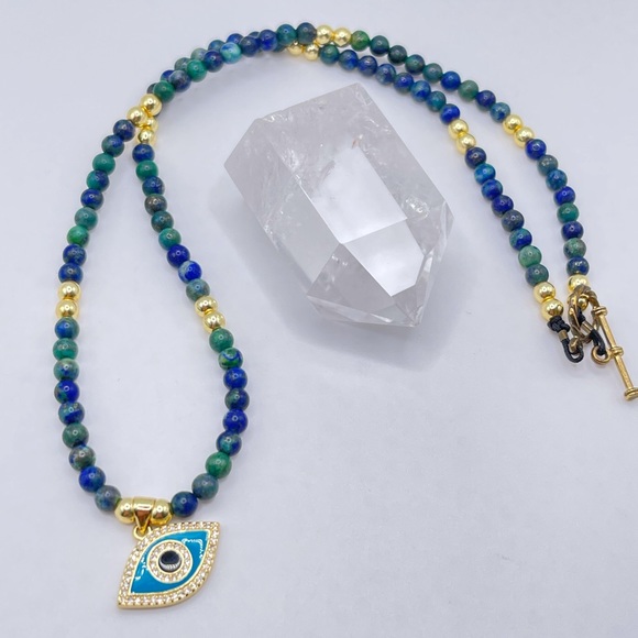 Hand Crafted Jewelry - Azurite necklace with evil eye charm.